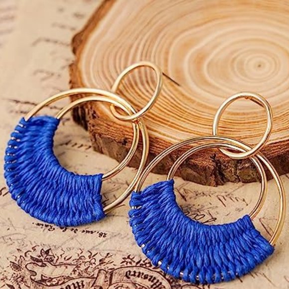 Blue Woven Raffia Gold Hoop Earrings Wicker Hoops Links Post Vacation Style New - Picture 2 of 6